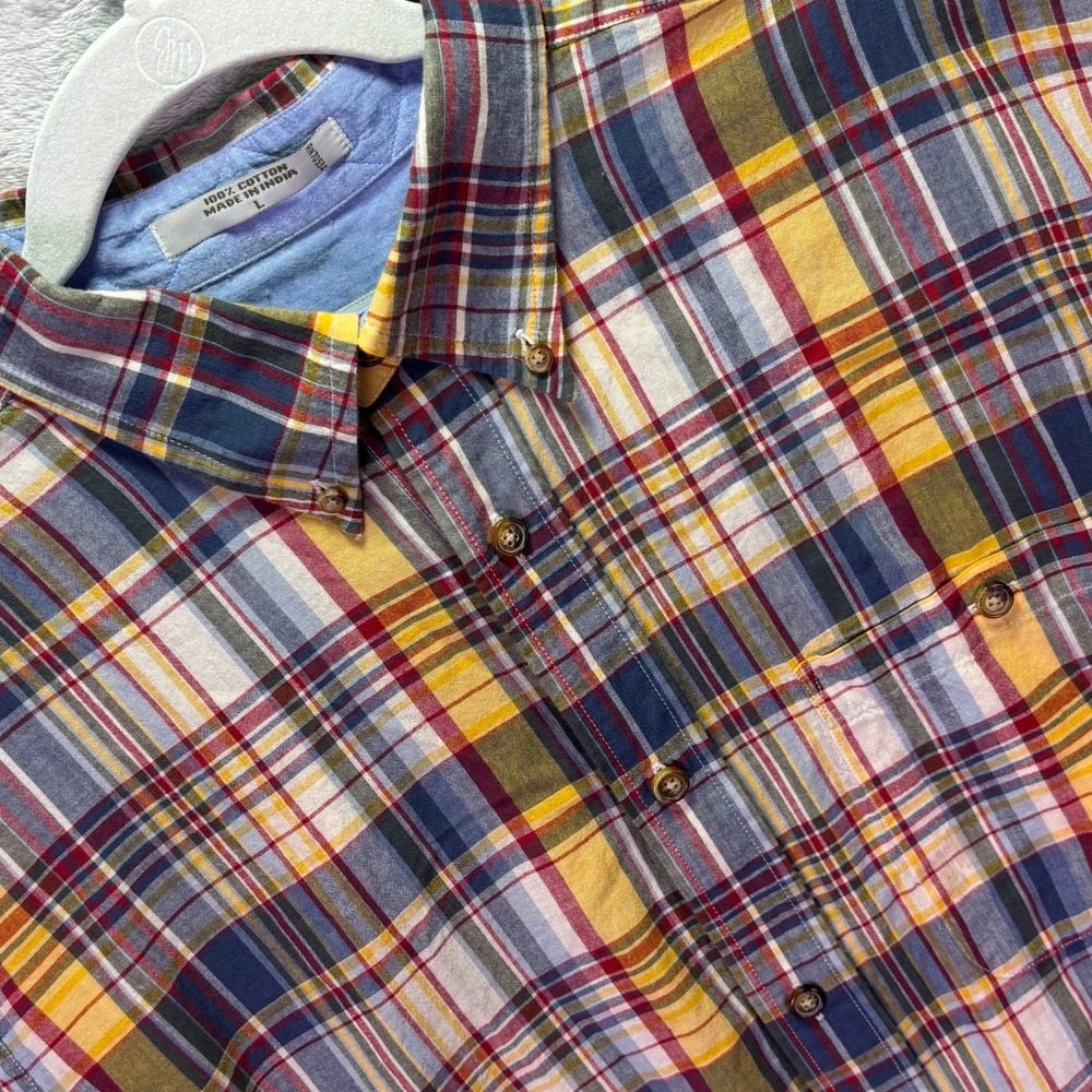 Orvis Mens Shirt Sz Large Yellow Red Blue Plaid Short Sleeve Cotton Button Down